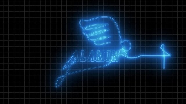 Winged figure outlines track religious typography metrics over technical display grids. Spiritual broadcast media templates gain an ultra-modern graphic style. Banners glow.