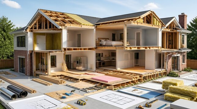 Detailed cross section of a modern house under construction showing framing, insulation, and layout design with architectural blueprints on the ground