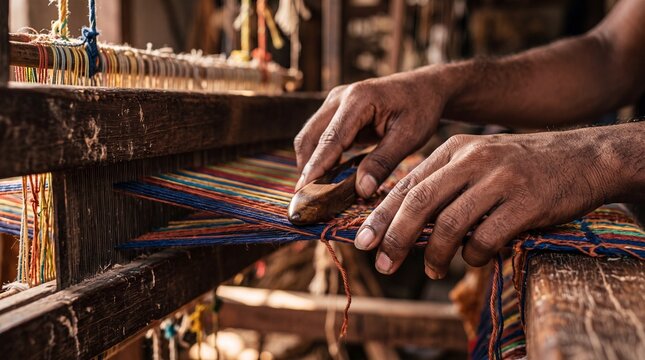 Dunkelh&auml;utige H&auml;nde eines jungen Mannes weben mit Holzschiffchen bunte Baumwollf&auml;den an traditionellem Webstuhl