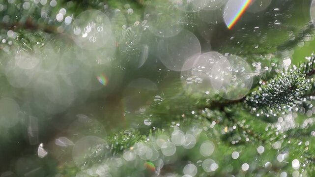 Glistening Water Droplets on Tree Branch, Post-Rain Sunlight - Seamless Loop