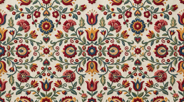 Traditional folk art embroidery pattern with colorful flowers and leaves on white fabric background.