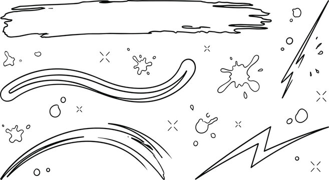 Hand Drawn Comic Book Vector Element Set with Lightning Bolts Speed Lines Brush Strokes and Ink Splatters for Pop Art Graphic Designs