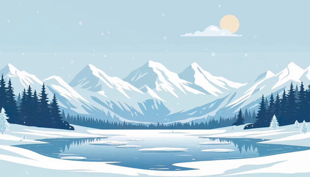 Vector illustration of frozen lake surrounded by snowy mountains and pine trees. Great for winter travel designs, outdoor campaigns, nature posters, seasonal branding, and scenic backgrounds.