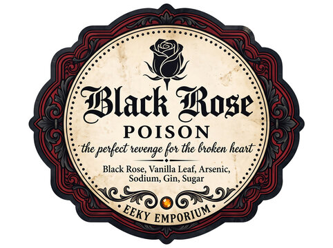Vintage ornate Black Rose Poison apothecary label with gothic typography and distressed parchment texture for Halloween and gothic party decor
