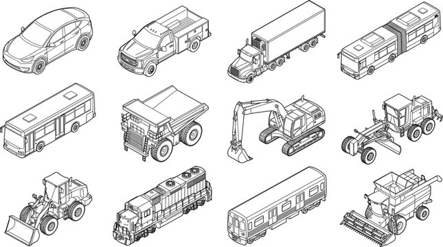 Isometric line art set of transportation construction and agricultural vehicles including cars trucks and trains