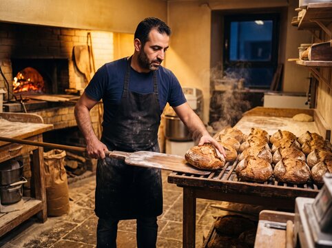 B&auml;cker mit dunklen Haaren legt frisch gebackene dampfende Brotlaibe vom Holzschieber auf ein Regal in einer rustikalen Backstube