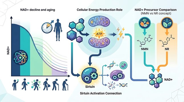 Infographic showing nad decline aging process and cellular energy