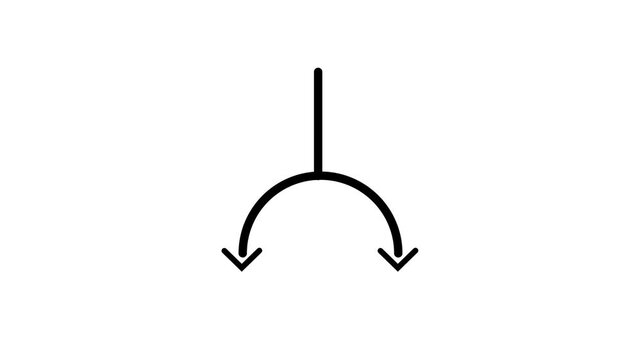 Minimalist split path arrow animation, diverging directional sign, choice and decision concept, black line on white background