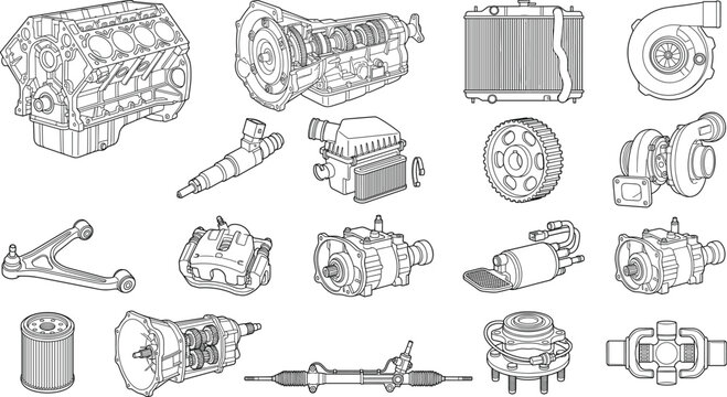 Detailed collection of car engine components and automotive mechanical parts in line art vector style