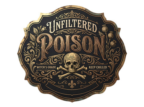 Vintage ornate unfiltered poison apothecary label with skull and crossbones for gothic and Halloween design
