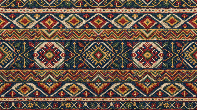 Traditional folk textile pattern with geometric embroidery and ornamental floral embroidery elements on blue background.