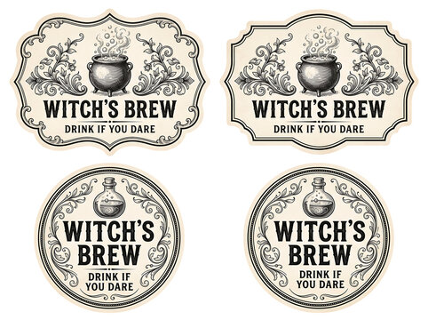 Set of vintage Halloween apothecary labels with "Witch's Brew" text, smoking cauldron, and potion bottle icons in classic engraving style for party decorations
