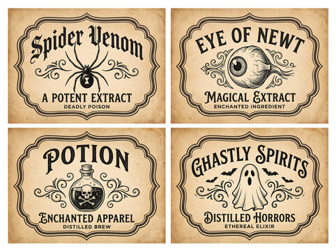 Set of four vintage Halloween apothecary potion labels with spider venom, eye of newt, magic potion, and ghastly spirits for spooky decorations
