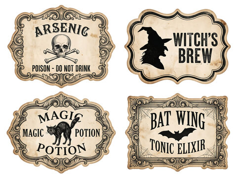 Set of four vintage Halloween apothecary potion labels featuring arsenic, witch's brew, magic potion, and bat wing elixir with spooky icons
