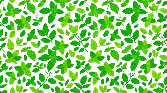 Seamless pattern with vibrant green mint leaves on white background