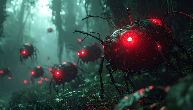 Mysterious Glowing Red Eyes in a Dark, Foggy Forest.