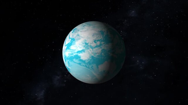 Exoplanet cosmos vectors track realistic water planet parameters underneath stars. Modern universe exploration video courses look realistic on this backdrop. Spheres rotate.