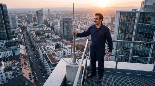 Techniker in blauem Arbeitsanzug wartet einen Blitzableiter auf der Dachplattform eines Hochhauses bei Sonnenuntergang &uuml;ber der Stadt