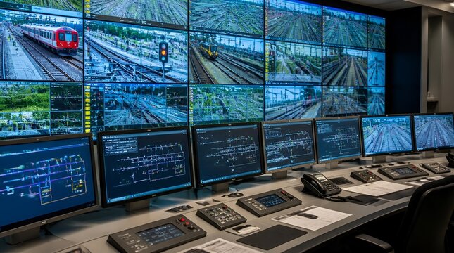 Modern railway traffic control center featuring multiple digital monitors for real-time train tracking and operations management