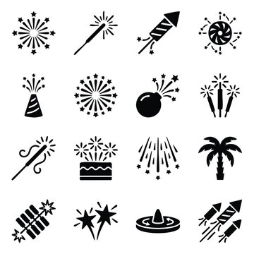 Set of fireworks and celebration sparklers black vector icons with fireworks celebration sparkler festival explosion pyrotechnics pyrotechnic carnival anniversary birthday illumination