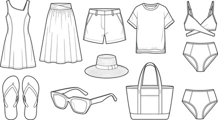 Naklejka premium Technical flat sketch set of women summer clothing and beachwear in line art style
