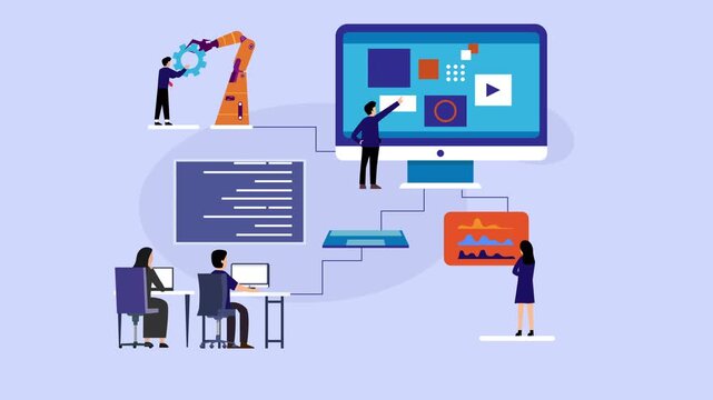 Software Development and Industrial Automation Team Work cartoon animation