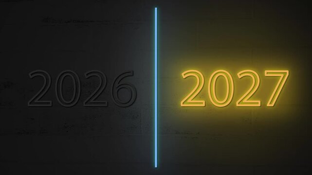 Neon 2026 to 2027 Year Transition Glowing on Concrete Wall Concept Animation