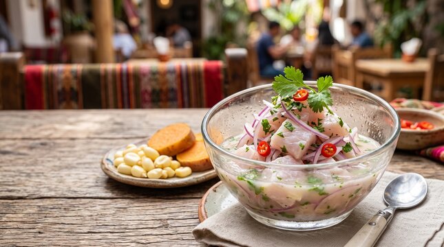 Gastronom&iacute;a peruana aut&eacute;ntica, ceviche tradicional, lomo saltado y pisco sour con estilo comercial y espacio negativo