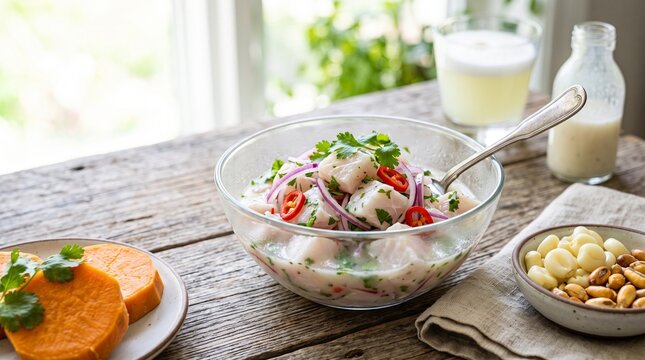 Gastronom&iacute;a peruana aut&eacute;ntica, ceviche tradicional, lomo saltado y pisco sour con estilo comercial y espacio negativo