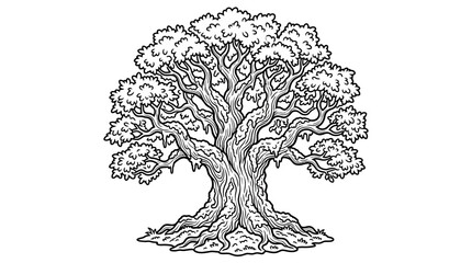 Dynamic Black and White of a Majestic Intricate Tree with Detailed Branches and Leaves with high quality professional line art symbols for modern creative design and digital branding projects © NGAINAAULIYA