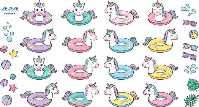 Cute unicorn pool float vector illustration collection featuring magical characters with summer beach accessories and tropical elements