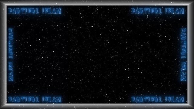 Islam religion themes frame text banners inside a blue neon starry canvas. Sacred theological broadcast media templates gain an ultra-modern graphic style. Borders glow.