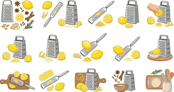 Kitchen box grater and citrus zester vector illustration set with fresh lemons zest spices cutting boards and cooking utensils