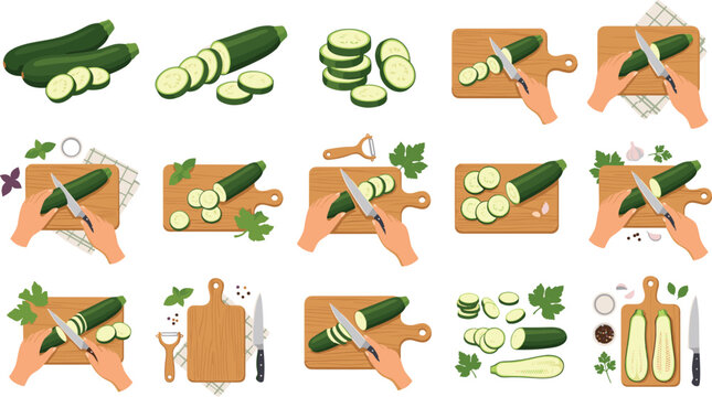 Fresh zucchini slicing vector collection with hands cutting green squash on wooden boards kitchen utensils and cooking ingredients