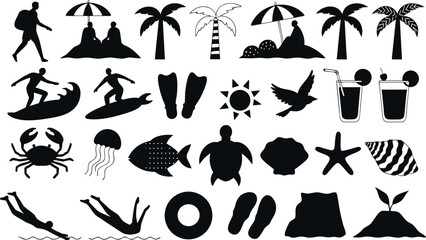 Black silhouette of summer beach and ocean life © Niri