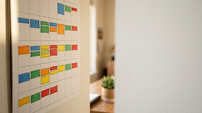 Wall planner with colorful notes for project organization