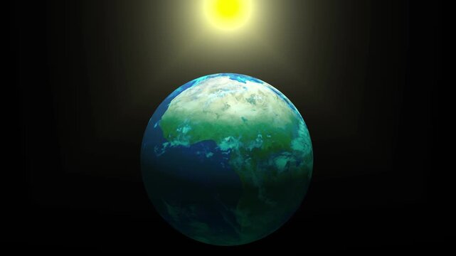 Earth globe spheres rotate majestically past a brilliant yellow sun ray field. Modern astronomy documentation projects gain exceptional cinematic value from this. Orbs spin.