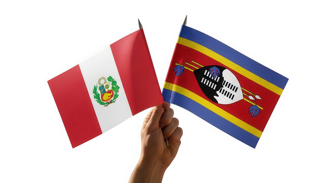 Hands holding peru and mexico national flags isolated on transparent background