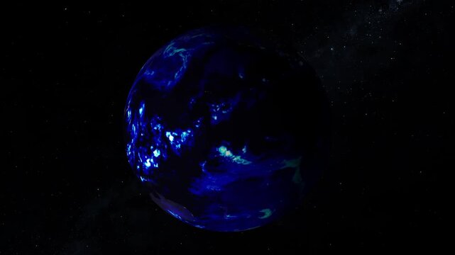 Earth planet graphics rotate majestic continental landmasses under night clouds. Modern astronomy documentation projects gain exceptional cinematic value from this. Orbs turn.