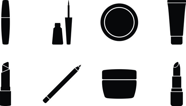 Set of black silhouette makeup and cosmetic product icons isolated on a white background for beauty design