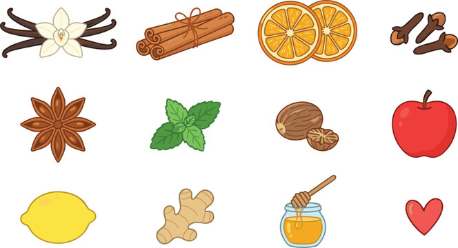 Baking Spices and Ingredients Vector Clipart Set with Cinnamon Vanilla Star Anise Ginger Honey and Mint Leaf Elements for Autumn Recipe Designs