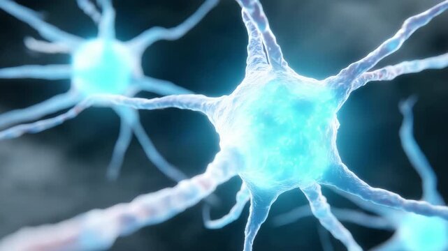 Slow motion zoom close up of neuron firing and transmitting signals in microscopic brain tissue neural network environment