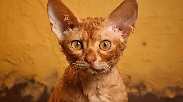 A playful devon rex cat with curly fur and striking yellow eyes creating a whimsical and mischievous impression against a vibrant background.