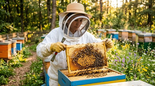 Beekeeper in protective suit inspecting honeycomb frame in apiary.