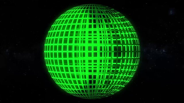 Earth planet meshes rotate a green vector wireframe globe past space stars. Astronomy classroom presentation packages gain beautiful visual authority here. Orbs turn.
