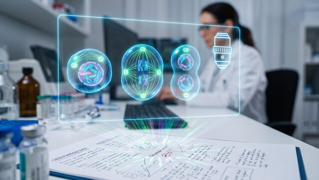 Female scientist working in a laboratory with a holographic interface displaying stages of cell division and mitosis over a lab report