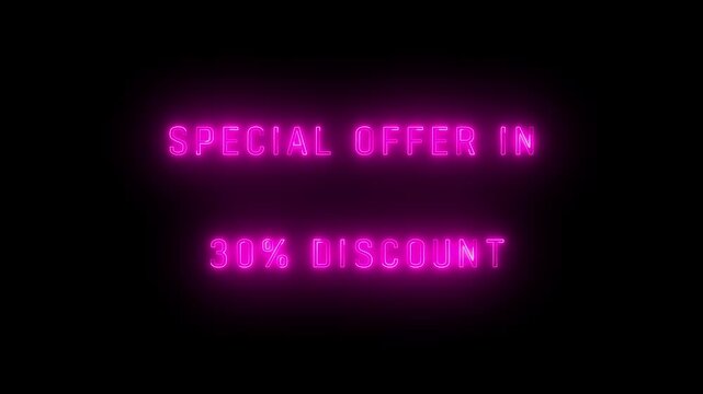 Special offer banners flash promotional retail discount lines using pink neon. E-commerce holiday marketing campaigns gain huge visual energy here. Discount cards blink.
