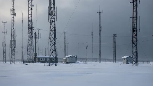 Snowcovered ground contrasts with the dark metallic AM masts while distant tuning huts appear softly out of focus under a gray dawnlit sky.