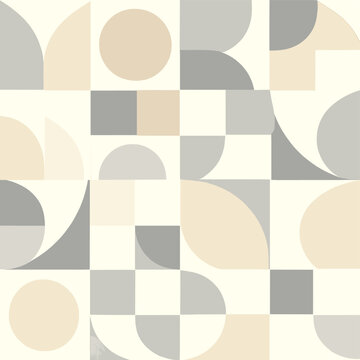Geometric pattern featuring a minimalist arrangement of circles, squares, and quarter-circle shapes in neutral tones of cream, beige, and grey.