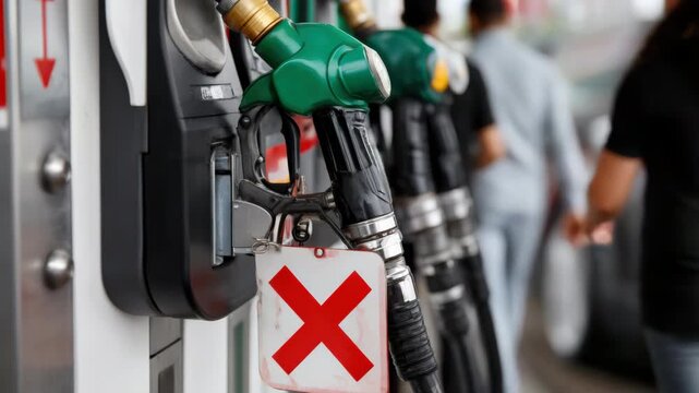 Tracking shot of fuel pump nozzle with out of service tag at busy gas station forecourt